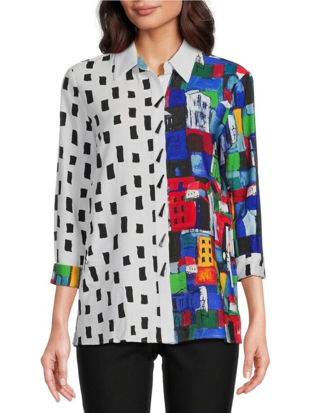 Ali Miles Tunic Shirt Medium Art to Wear Colorblock Geometric City Print